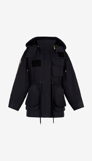 Black jacket with multiple pockets on a white background