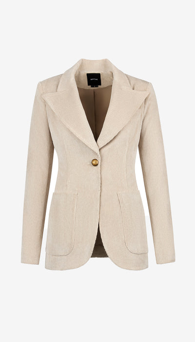Beige blazer with a gold button on a white background