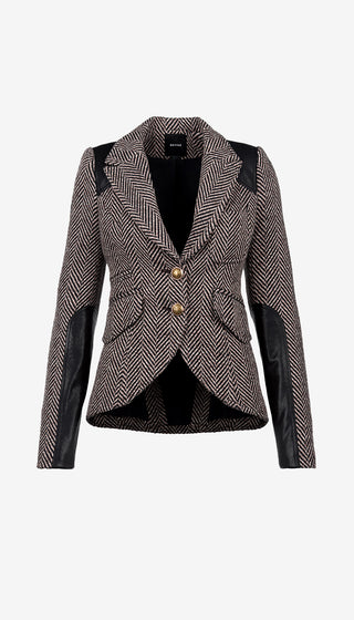 Herringbone patterned blazer with black accents on a white background