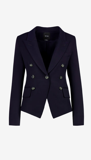 Navy blue blazer with gold buttons on a white background