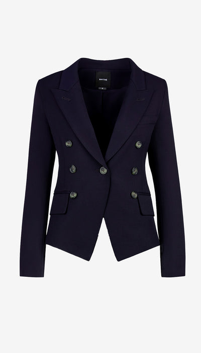 Navy blue blazer with gold buttons on a white background