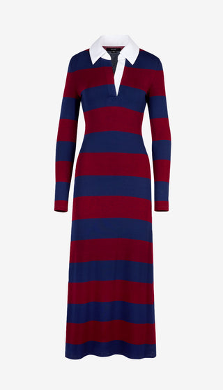 Long-sleeve dress with red and blue horizontal stripes on a white background