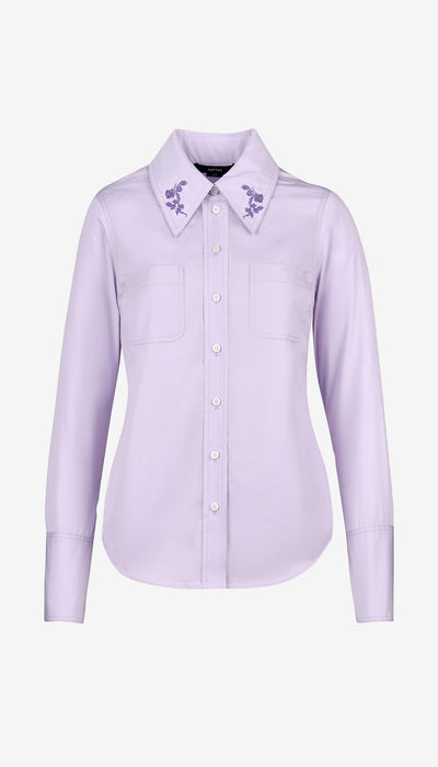 Lavender shirt with embroidered collar on a white background