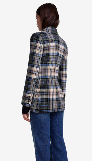 Person wearing a plaid jacket and blue jeans on a white background