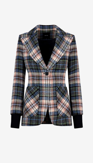Plaid blazer with black accents on a white background
