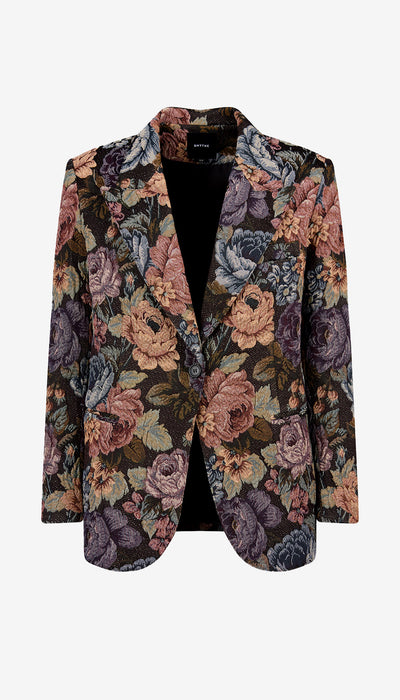 Floral patterned blazer on a white background