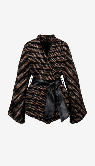 Brown textured jacket with a black belt on a white background