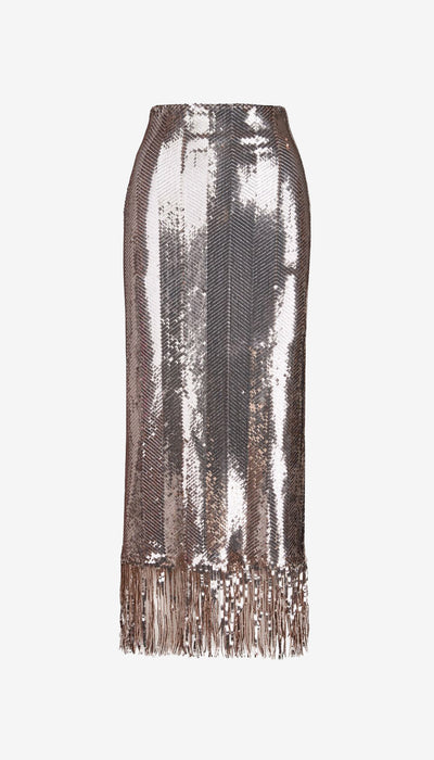 Silver sequin skirt with fringe on a white background