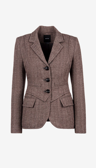 Brown blazer with black buttons on a white background