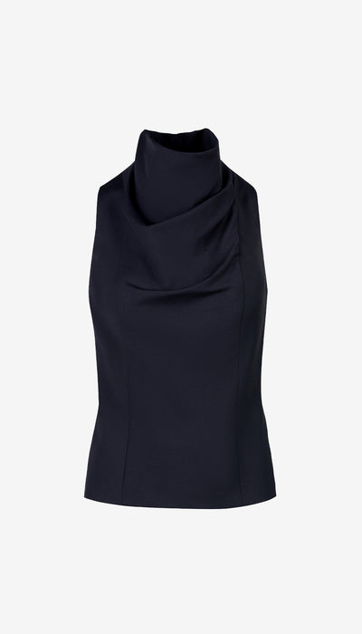 Black sleeveless top with a high neckline on a white background