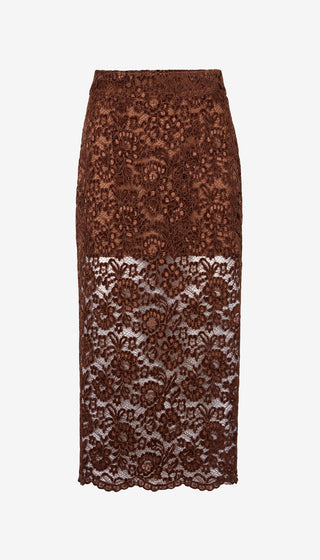 Brown lace pencil skirt on a white background
