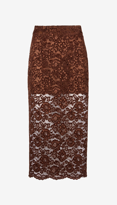Brown lace pencil skirt on a white background