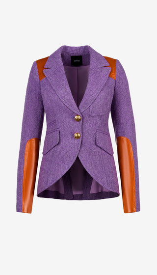 Purple blazer with orange sleeves on a white background