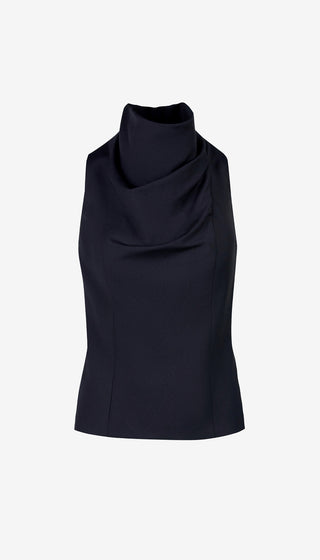 Black sleeveless top with a draped neckline on a white background