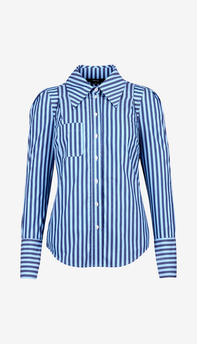 Blue and white striped shirt on a light gray background