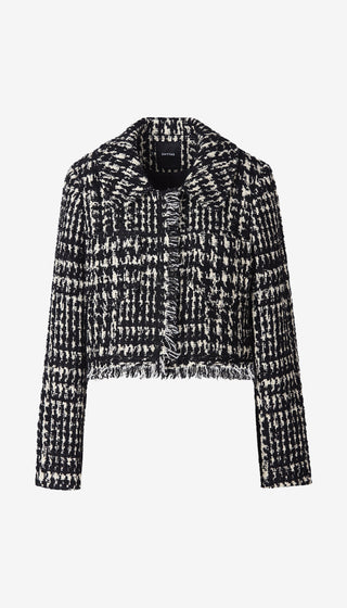 A cropped, long-sleeve tweed jacket with a black and white textured pattern, featuring a notched lapel collar and frayed fringe along the hem, shown against a plain light gray background.