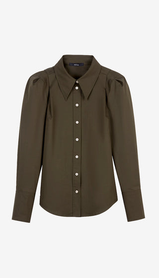 An olive green long-sleeve button-up blouse with structured shoulders and a pointed collar, shown against a plain light gray background.