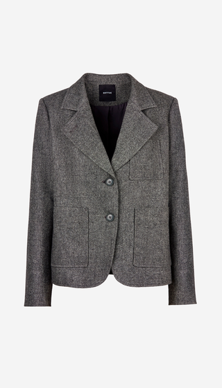 A gray textured tweed blazer with notch lapels, two front buttons, and two front flap pockets, shown on a plain light gray background.
