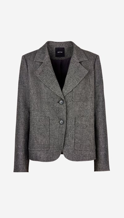 A gray textured tweed blazer with notch lapels, two front buttons, and two front flap pockets, shown on a plain light gray background.