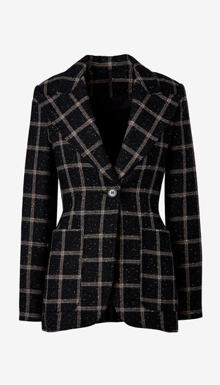 A women's tailored blazer in a black and beige windowpane plaid tweed fabric, featuring a single button closure and structured shoulders, shown against a plain light gray background.