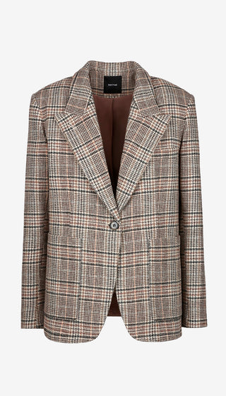 A men's single-breasted blazer in a brown, beige, and white plaid pattern, featuring a notched lapel and a single button closure, shown against a light gray background.