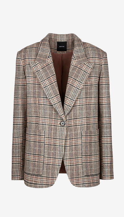 A men's single-breasted blazer in a brown, beige, and white plaid pattern, featuring a notched lapel and a single button closure, shown against a light gray background.