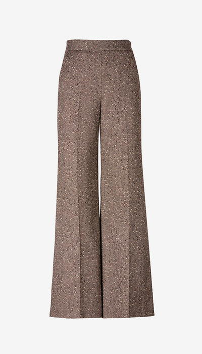 A pair of high-waisted, wide-leg trousers in a textured brown tweed fabric, shown against a plain light gray background.