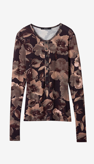A long-sleeve button-front top with an abstract floral pattern in shades of brown, beige, and gray on a dark background, shown flat against a light gray background.