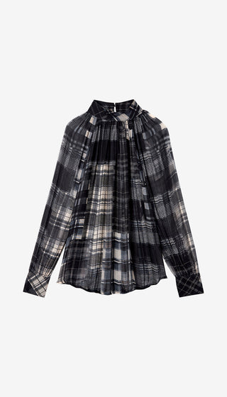 A long-sleeve pleated blouse with a black, gray, and white plaid pattern, featuring a high gathered neckline and a tie detail at the collar, shown against a plain light gray background.
