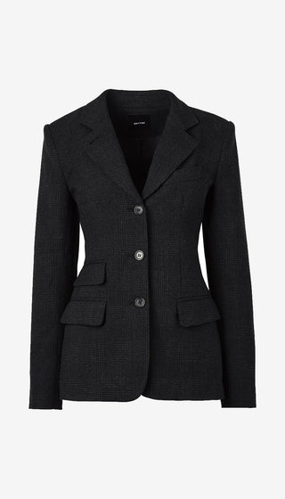 A black textured blazer with notch lapels, three front buttons, and flap pockets, shown on a plain white background.
