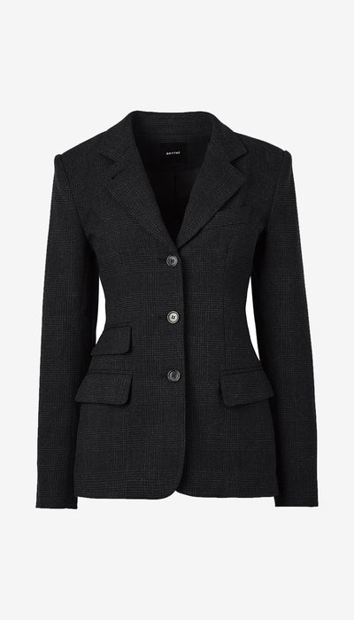 A black textured blazer with notch lapels, three front buttons, and flap pockets, shown on a plain white background.