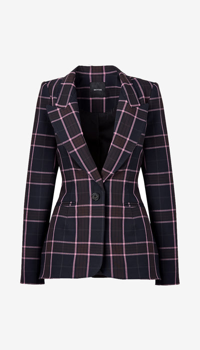 A women's tailored blazer in a dark navy and black windowpane plaid pattern with thin pink lines, featuring notch lapels and a single front button, shown against a plain light gray background.