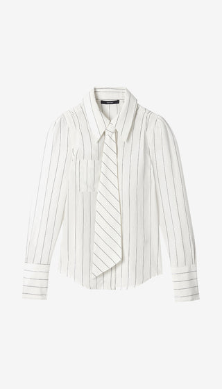 A white long-sleeve button-up shirt with thin vertical gray pinstripes, featuring a matching striped necktie draped over the front, displayed on a clean white background.