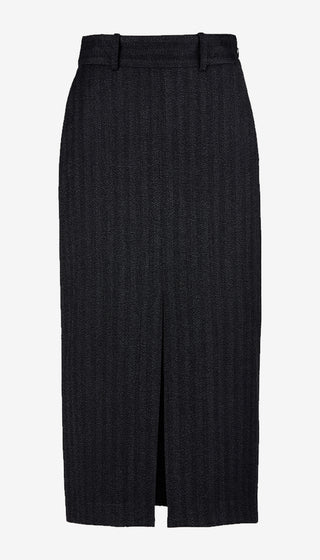 A high-waisted black skirt with a subtle vertical textured stripe pattern and a front slit, shown against a plain white background.