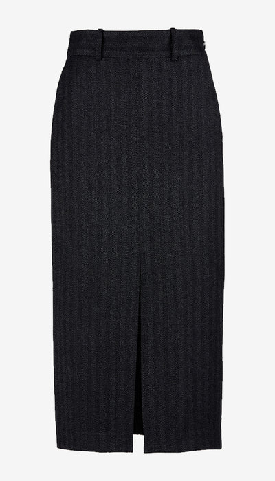 A high-waisted black skirt with a subtle vertical textured stripe pattern and a front slit, shown against a plain white background.