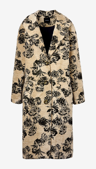 A mid-length beige coat with a black floral jacquard pattern, featuring a notched lapel, three front buttons, and a black lining visible at the collar, shown against a plain white background.