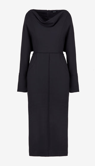 A black long-sleeve midi dress with a draped cowl neckline, shown on a plain light gray background.