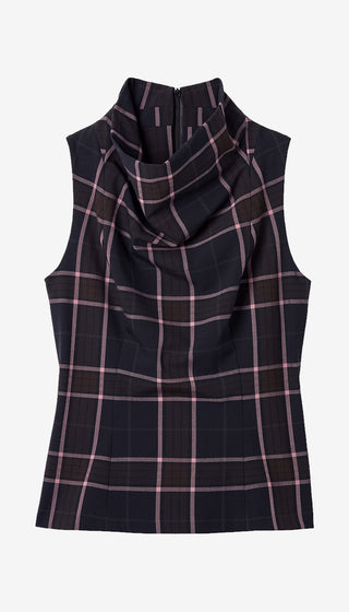 A sleeveless cowl neck top with a dark navy and black plaid pattern accented by thin pink lines, shown against a plain light gray background.