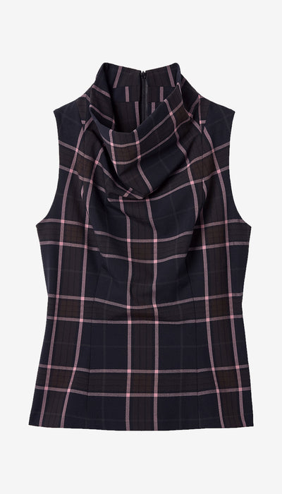 A sleeveless cowl neck top with a dark navy and black plaid pattern accented by thin pink lines, shown against a plain light gray background.