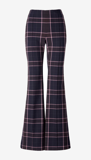 A pair of high-waisted, flared trousers featuring a dark navy blue base with a pink and white windowpane plaid pattern, shown against a plain light gray background.