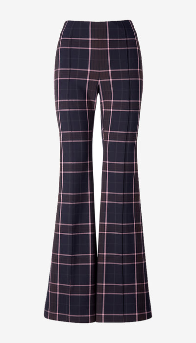 A pair of high-waisted, flared trousers featuring a dark navy blue base with a pink and white windowpane plaid pattern, shown against a plain light gray background.