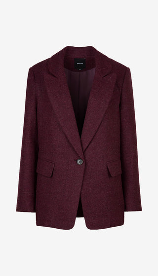 A single-breasted blazer in a heathered burgundy fabric, featuring notched lapels, flap pockets, and a single button closure, shown against a plain light gray background.
