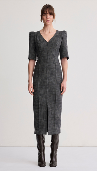 Box Pleat V-Neck Midi Dress