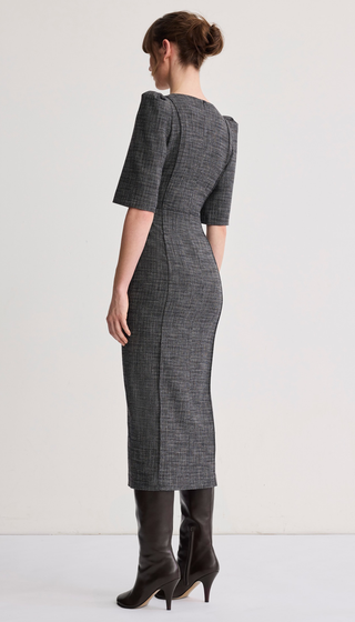 Box Pleat V-Neck Midi Dress