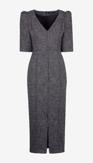 SMYTHE Box Pleat V-Neck Midi Dress in Grey Pepper Tweed