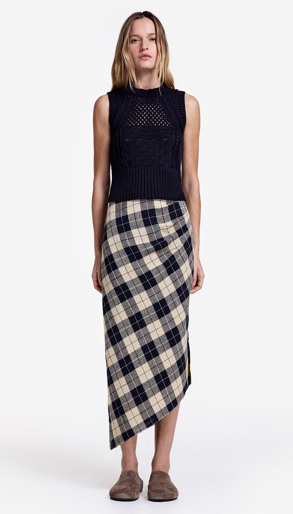 Asymmetrical Skirt in Navy Plaid SMYTHE - Main Image