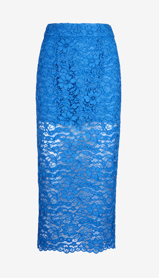 Blue lace pencil skirt on a white background