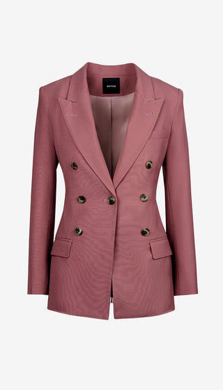 Pink blazer with gold buttons on a white background