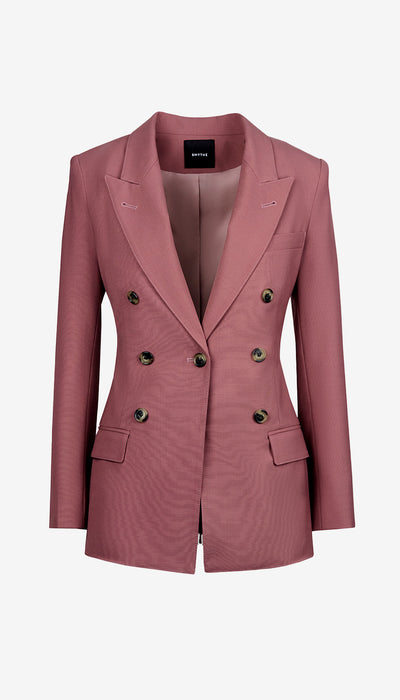 Pink blazer with gold buttons on a white background