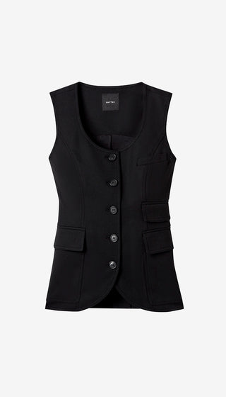 Black vest with button details on a light gray background